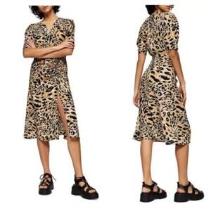 TopShop Leopard Print Mock Wrap Midi Dress 6 Brown Punk Alt
